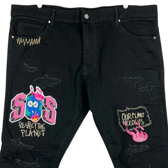 First Row Men's Future Distressed Slim Black Jeans Sz 42x32 Straight Stretch NWT